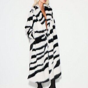 Multicolor Casual Women's Zebra Print Faux Fur Maxi Coat